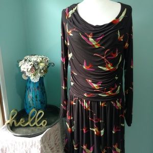 Leota Brown Long Sleeve Hummingbird Dress